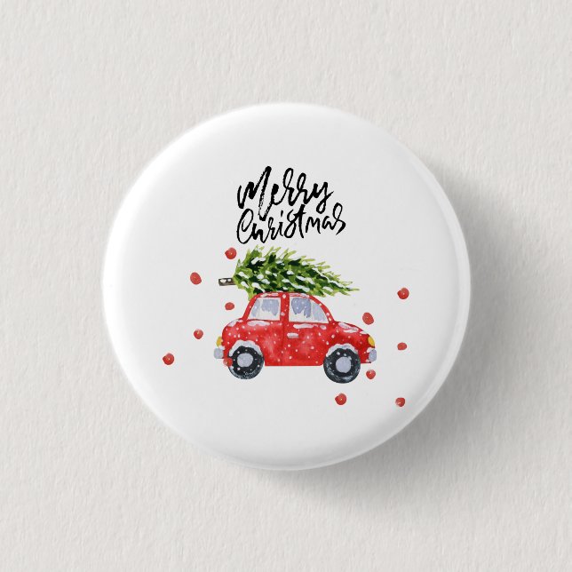 Christmas tree on red car  3 cm round badge (Front)