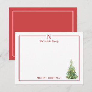 Christmas Tree on Red Family Monogram Stationery Card