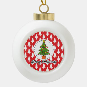 Christmas Tree on Red Pines Pattern - Merry Xmas Ceramic Ball Christmas Ornament