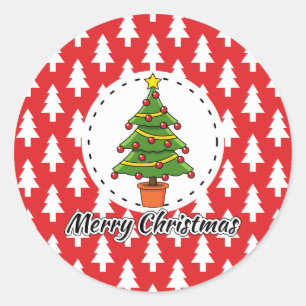 Christmas Tree on Red Pines Pattern - Merry Xmas Classic Round Sticker