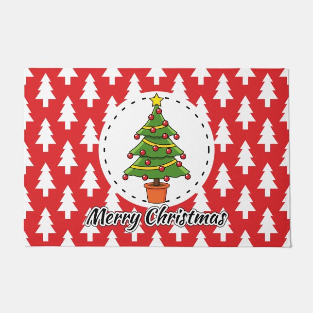 Christmas Tree on Red Pines Pattern - Merry Xmas Doormat (Front)