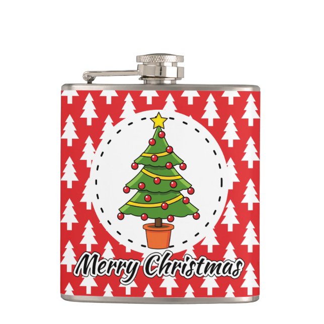 Christmas Tree on Red Pines Pattern - Merry Xmas Hip Flask (Front)