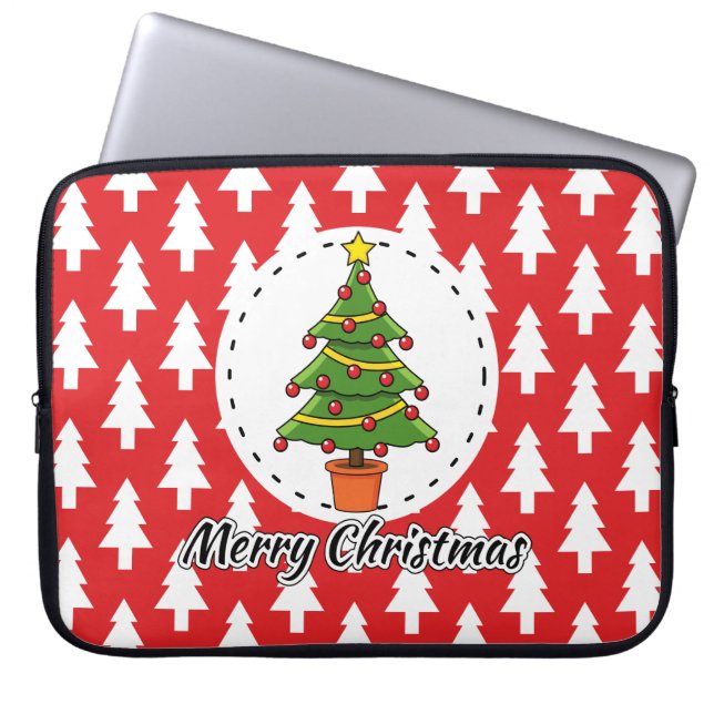 Christmas Tree on Red Pines Pattern - Merry Xmas Laptop Sleeve (Front)