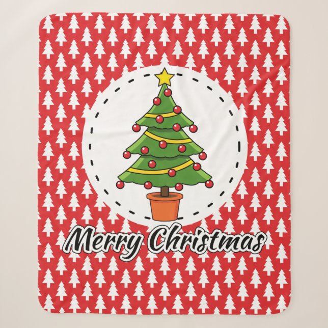 Christmas Tree on Red Pines Pattern - Merry Xmas Sherpa Blanket (Front)