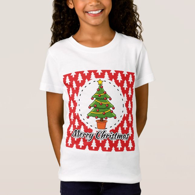 Christmas Tree on Red Pines Pattern - Merry Xmas T-Shirt (Front)