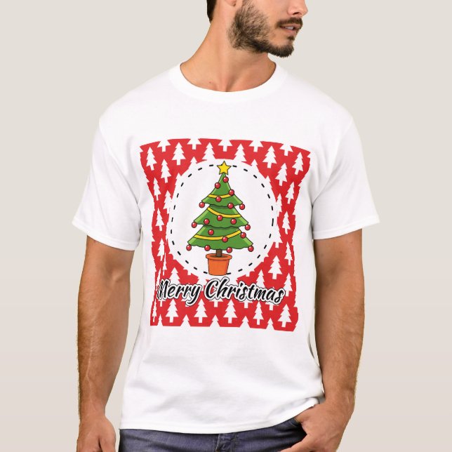 Christmas Tree on Red Pines Pattern - Merry Xmas T-Shirt (Front)