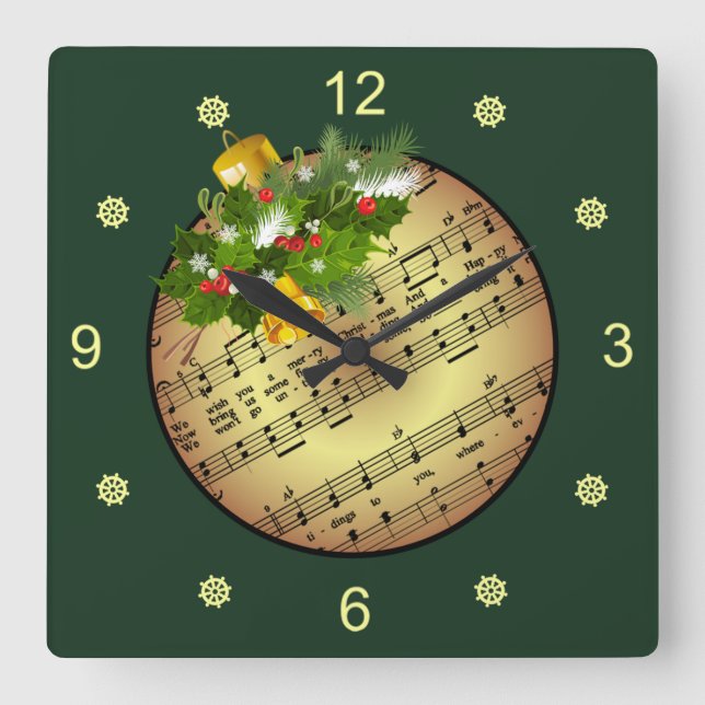 Christmas Tree Ornament ~ Bell & Mistletoe ~  Square Wall Clock (Front)