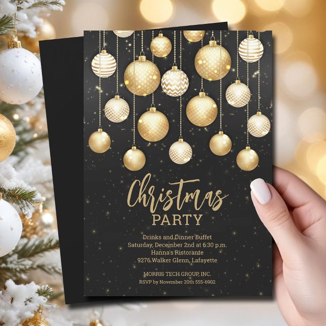 Christmas Tree Ornaments Business Invitation (White and gold Christmas tree ornaments business party invitations)