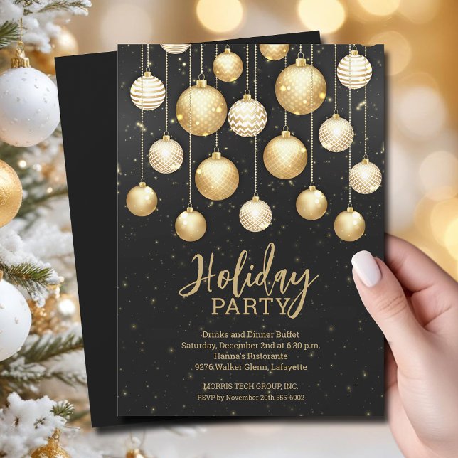 Christmas Tree Ornaments Business Invitation (White and gold Christmas tree ornaments holiday business party invitations)