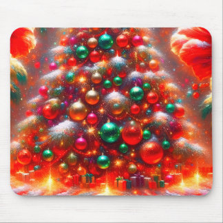 Christmas Tree Ornaments in Green Red + Yellow on Mouse Pad