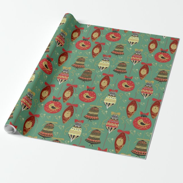Christmas Tree Ornaments Pattern Wrapping Paper (Unrolled)