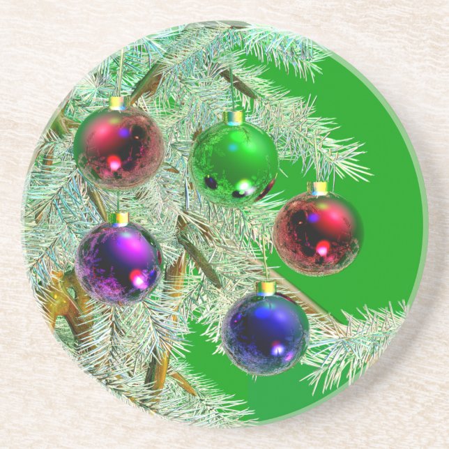 Christmas Tree Ornaments Shine on Green Coaster (Front)