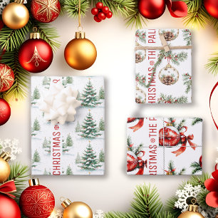 Christmas tree, ornaments, wishes and name holiday wrapping paper sheet