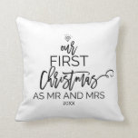 Christmas Tree Our First Christmas as Mr and Mrs Cushion<br><div class="desc">This christmas tree "our first christmas as mr and mrs" throw pillow is the perfect romantic holiday decoration. The design features a diamond ring,  and the words "our first christmas as mr and mrs" with the year all arranged to look like a christmas tree.</div>