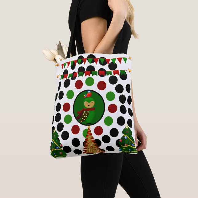 Christmas Tree Owl Funky Polka Dots Tote Bag (Close Up)