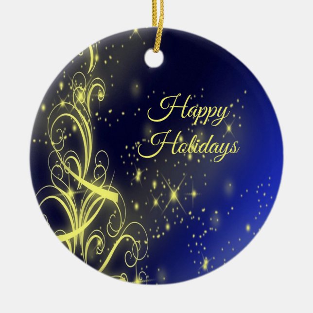 Christmas Tree Party Gold Stars Navy Blue Holidays Ceramic Tree Decoration (Front)