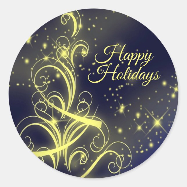 Christmas Tree Party Gold Stars Navy Blue Holidays Classic Round Sticker (Front)