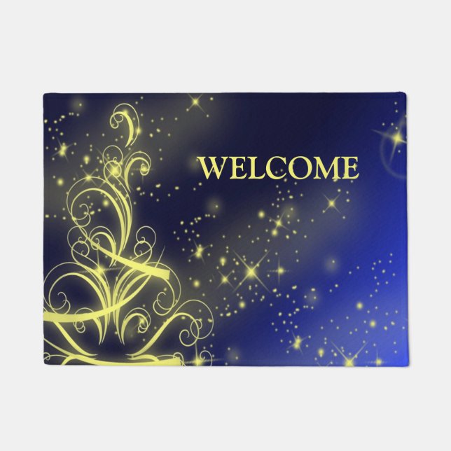Christmas Tree Party Gold Stars Navy Blue Holidays Doormat (Front)