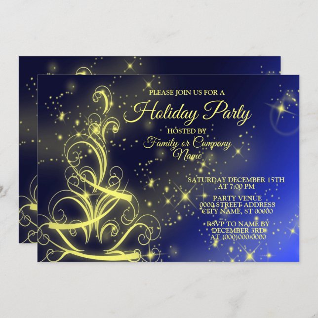 Christmas Tree Party Gold Stars Navy Blue Holidays Invitation (Front/Back)