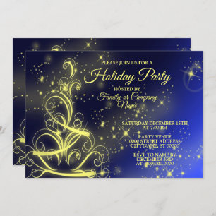 Christmas Tree Party Gold Stars Navy Blue Holidays Invitation