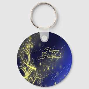 Christmas Tree Party Gold Stars Navy Blue Holidays Key Ring