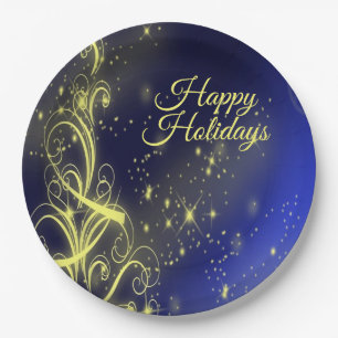 Christmas Tree Party Gold Stars Navy Blue Holidays Paper Plate