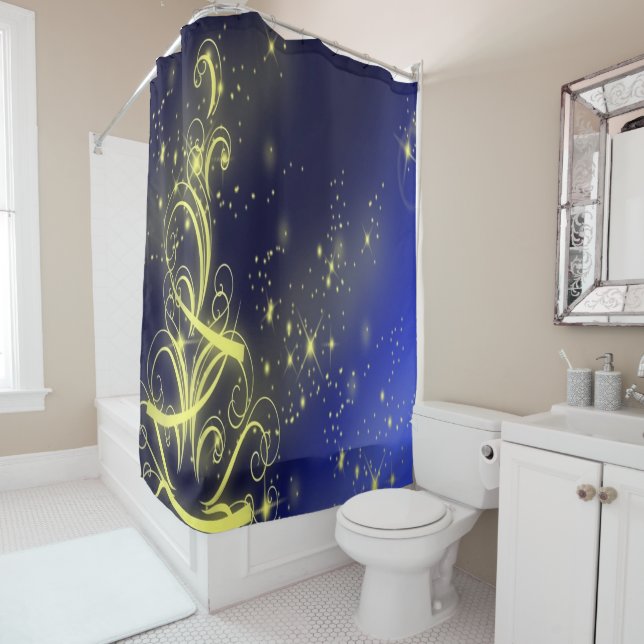Christmas Tree Party Gold Stars Navy Blue Holidays Shower Curtain (In Situ)