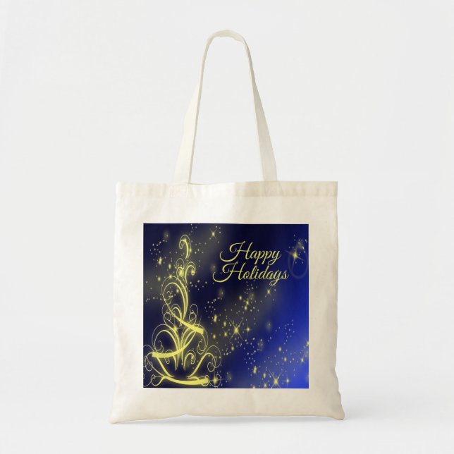 Christmas Tree Party Gold Stars Navy Blue Holidays Tote Bag (Front)