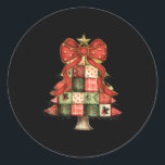 Christmas Tree Patchwork Coquette Bow Xmas Pyjamas Classic Round Sticker<br><div class="desc">Christmas Tree Patchwork Coquette Bow Xmas Pyjamas Holiday</div>
