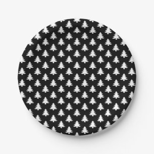 Christmas Tree Pattern Black White Paper Plate