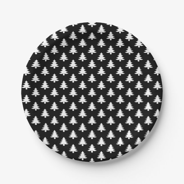 Christmas Tree Pattern Black White Paper Plate (Front)