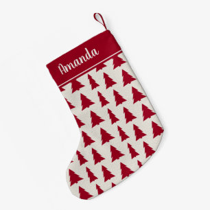 Christmas Tree Pattern Burgundy Beige Custom Name Small Christmas Stocking