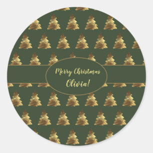 Christmas Tree Pattern Hunter Green Gold Elegant Classic Round Sticker
