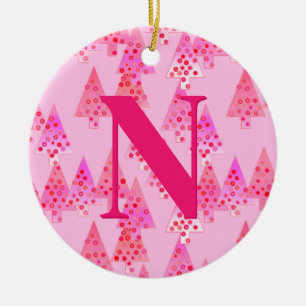 Christmas Tree Pattern, Pastel Pink Personalised  Ceramic Tree Decoration