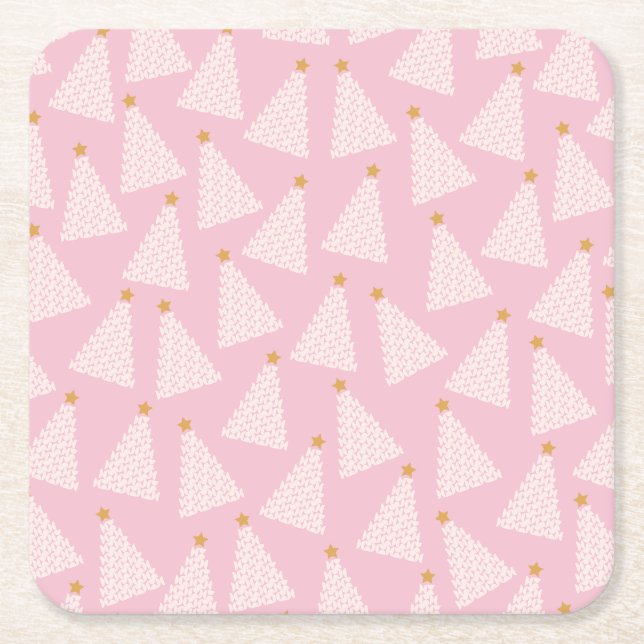 Christmas Tree Pattern Pink Square Paper Coaster (Front)