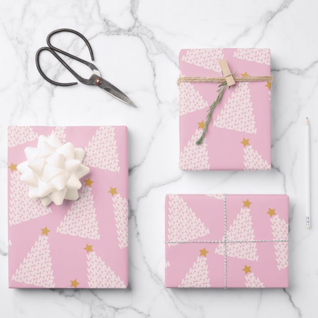 Christmas Tree Pattern Pink Wrapping Paper Sheet (Front)