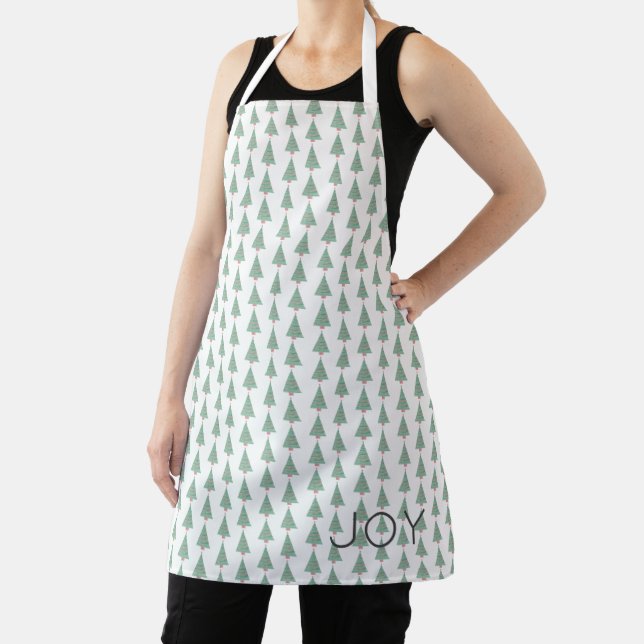 Christmas Tree Pattern Watercolor Art Holiday JOY Apron (Insitu)