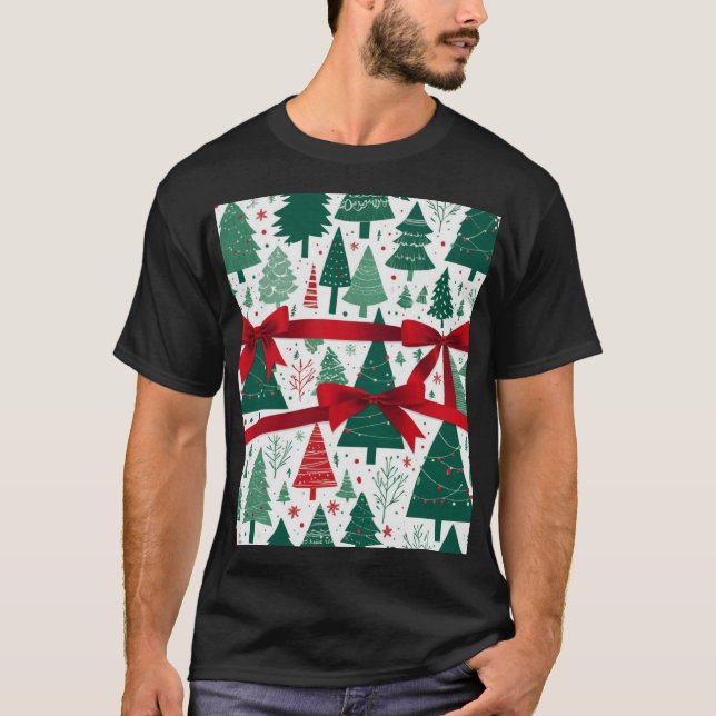 Christmas Tree Pattern with Red Ribbon T-Shirt (Front)