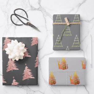 Christmas Tree Patterns Set of 3 Grey Wrapping Paper Sheet