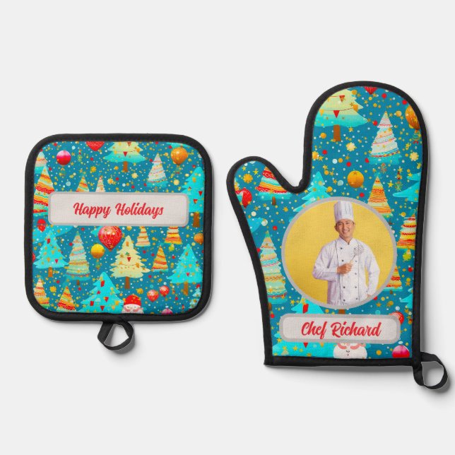 Christmas Tree Personalised Photo and Name Gift Oven Mitt & Pot Holder Set (Front)