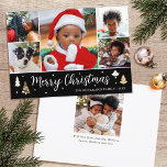 Christmas Tree Photo Collage Black White Flat Holiday Card<br><div class="desc">Spread the Holiday cheer with a photo collage Christmas card! Six personalised photos along with your family name and a greeting on the back. This editable design features decorative Christmas trees and stars, with the words 'Merry Christmas' in festive script lettering. Perfect for photos of kids, family, friends and pets....</div>