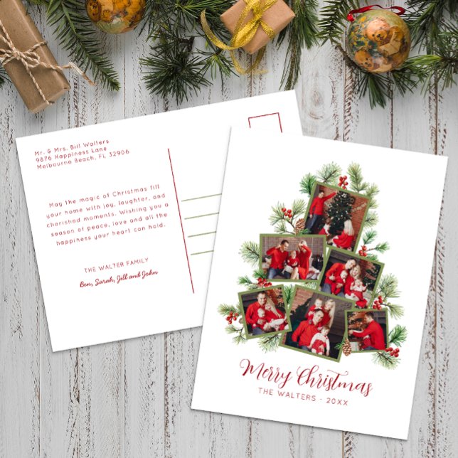 Christmas Tree Photo Collage Holiday Postcard (Fun Christmas Tree Photo Collage Postcard)