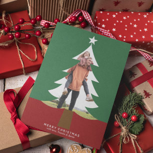 Christmas Tree Photo Cutout Chic Modern Green Red Holiday Card