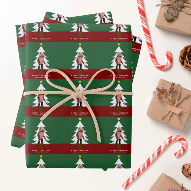 Christmas Tree Photo Cutout Modern Green Red Cute Wrapping Paper Sheet (Creator Uploaded)