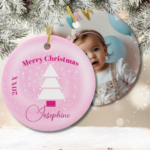 Christmas Tree Photo Pink Stars  Ceramic Tree Decoration