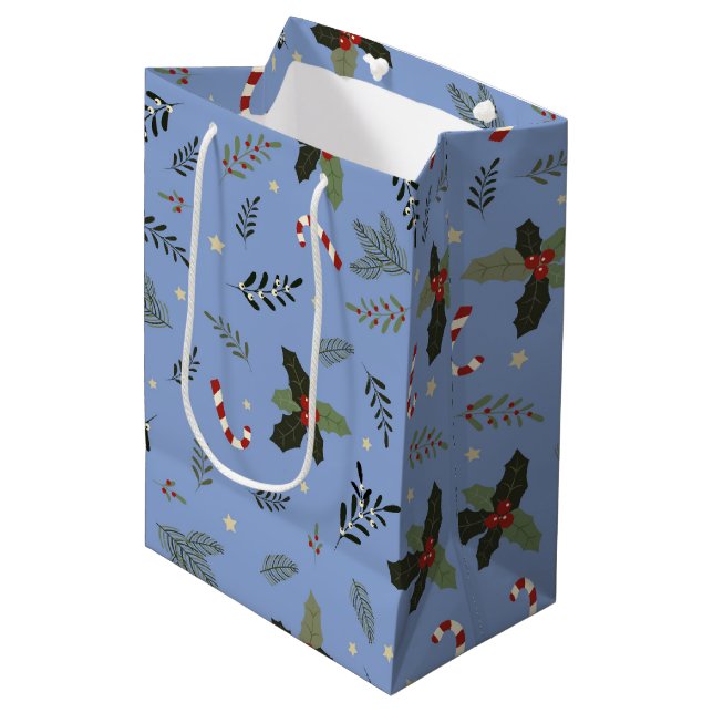 Christmas Tree Pine Branch Holly Berry Mistletoe Medium Gift Bag (Front Angled)