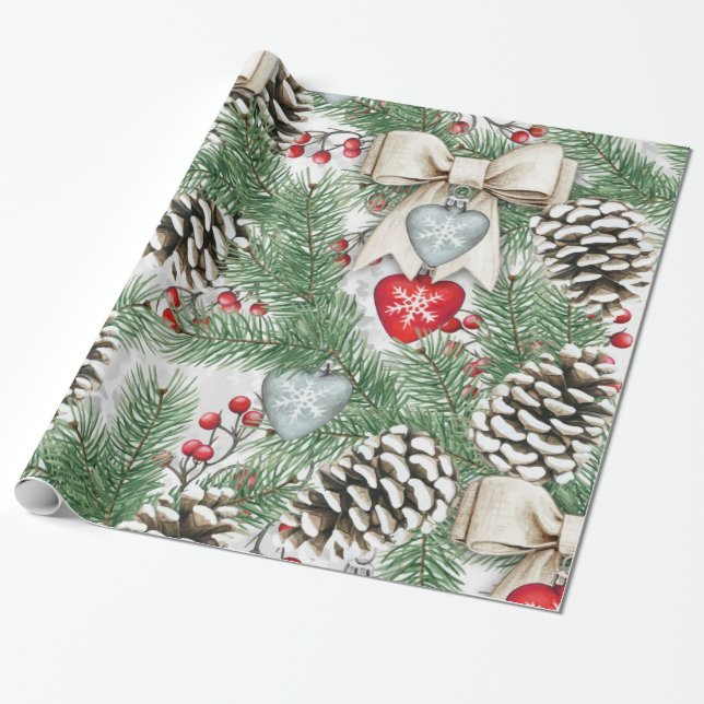 Christmas Tree Pine Cone and Craft Hearts Snow Wrapping Paper (Unrolled)