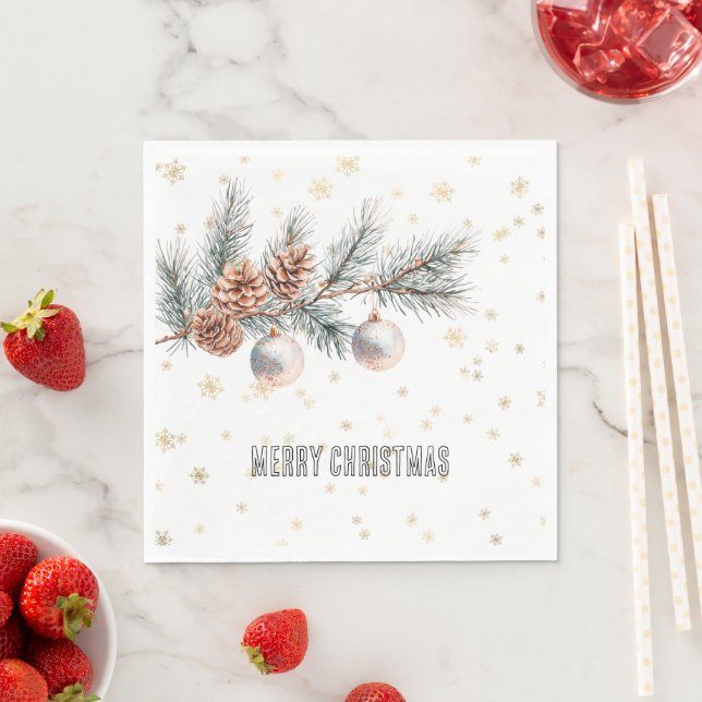 Christmas Tree Pine Cones Ornaments Gold Snowflake Napkin (Insitu)