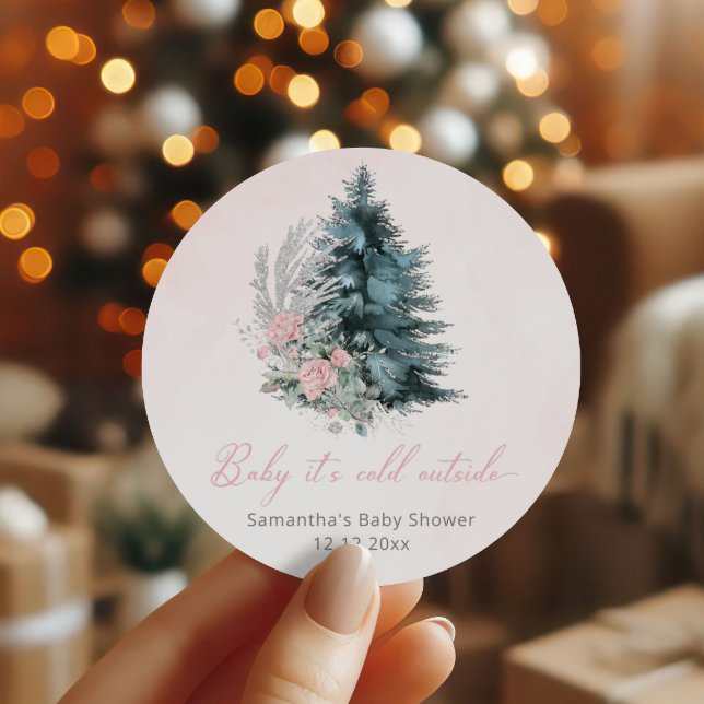 Christmas tree Pink Baby its cold outside Classic Round Sticker (Creator Uploaded)