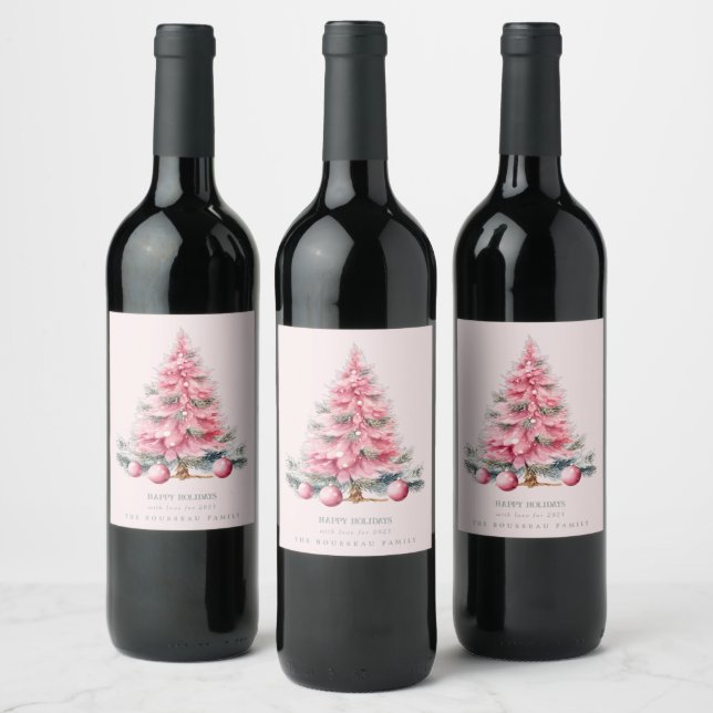 Christmas Tree Pink Baubles Wine Labels (Bottles)